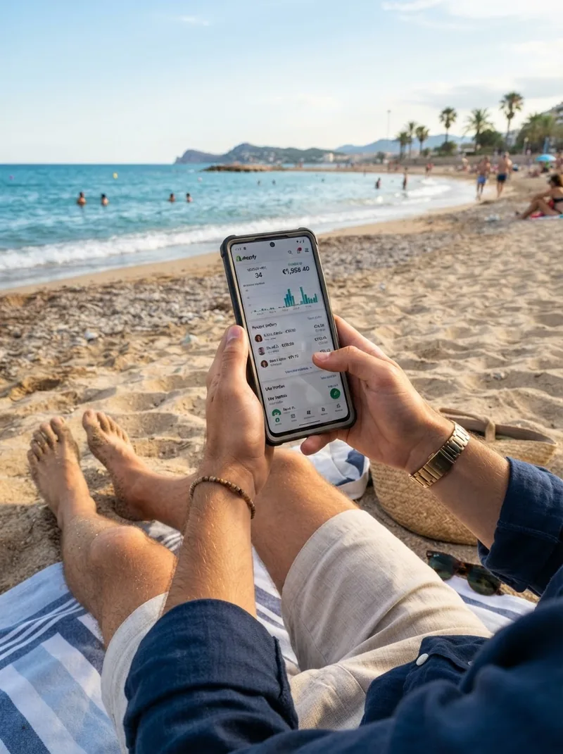 Revisando las ventas desde el celular frente al mar